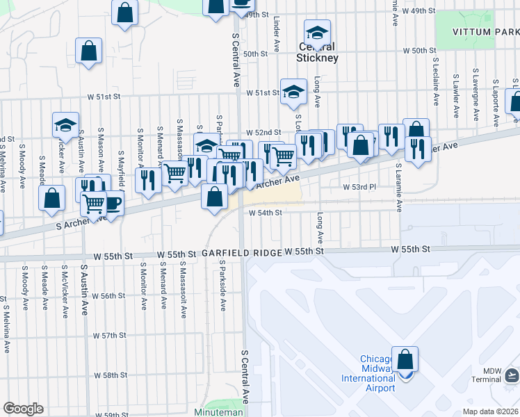 map of restaurants, bars, coffee shops, grocery stores, and more near 5510 West 54th Street in Chicago