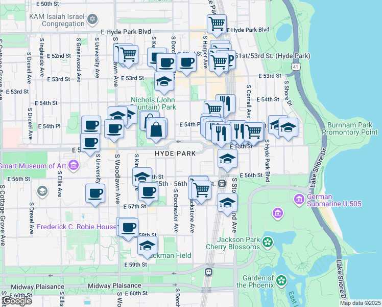 map of restaurants, bars, coffee shops, grocery stores, and more near S Blackstone Ave & E 55th Pl in Chicago