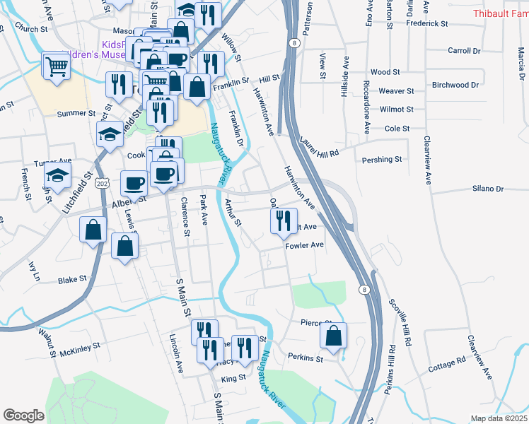 map of restaurants, bars, coffee shops, grocery stores, and more near 29 Mortimer Street in Torrington