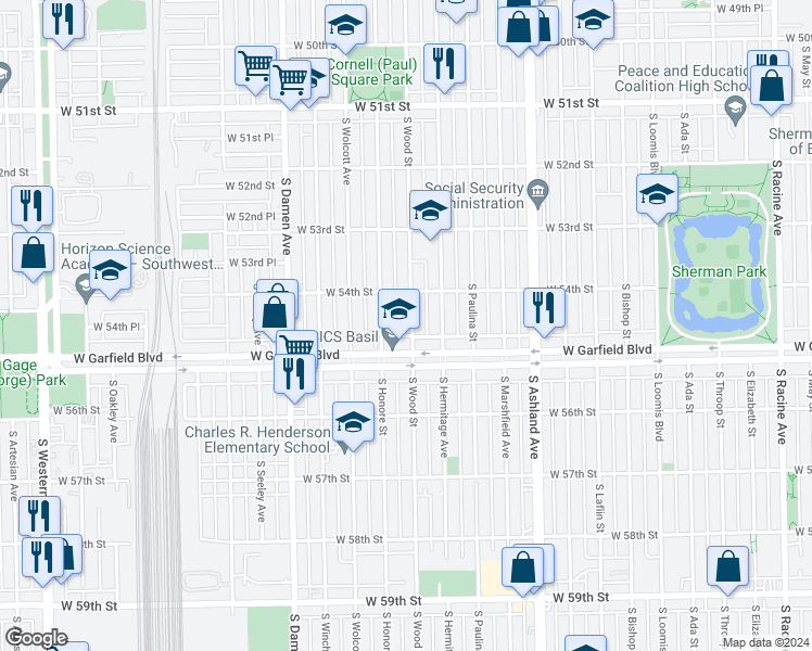 map of restaurants, bars, coffee shops, grocery stores, and more near 5434 South Wood Street in Chicago