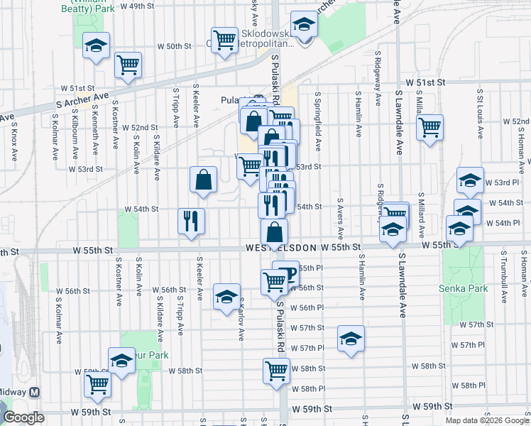map of restaurants, bars, coffee shops, grocery stores, and more near 5416 South Komensky Avenue in Chicago
