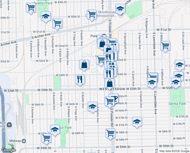 map of restaurants, bars, coffee shops, grocery stores, and more near 5414 South Karlov Avenue in Chicago