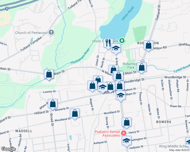 map of restaurants, bars, coffee shops, grocery stores, and more near 400 North Main Street in Manchester