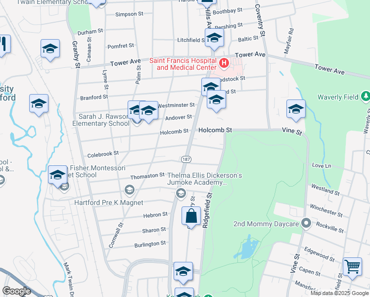 map of restaurants, bars, coffee shops, grocery stores, and more near 339 Blue Hills Avenue in Hartford
