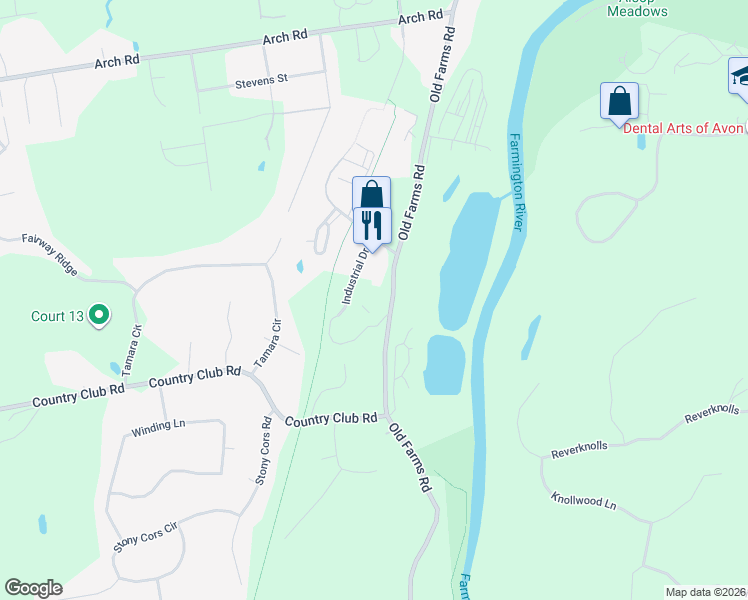 map of restaurants, bars, coffee shops, grocery stores, and more near 30 Industrial Drive in Avon