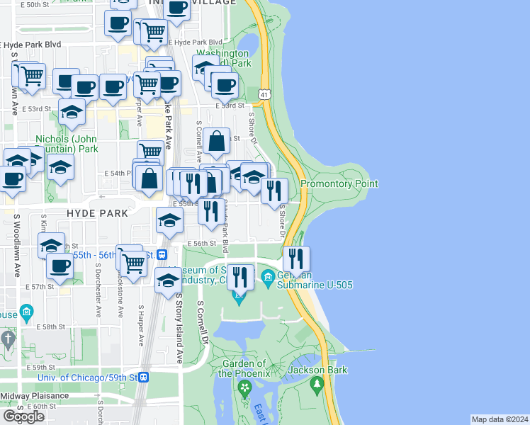 map of restaurants, bars, coffee shops, grocery stores, and more near 5523 South Everett Avenue in Chicago
