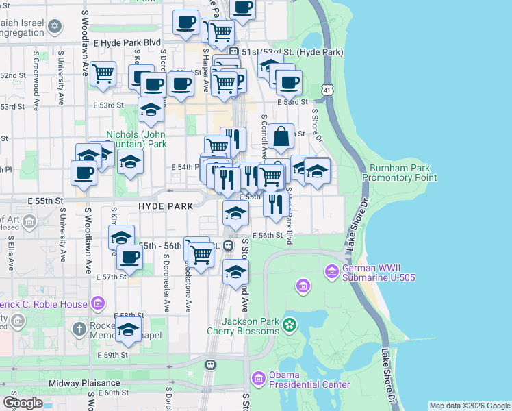 map of restaurants, bars, coffee shops, grocery stores, and more near 5514 South Cornell Avenue in Chicago