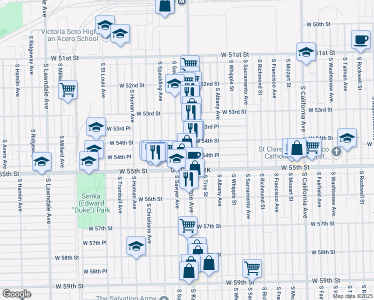 map of restaurants, bars, coffee shops, grocery stores, and more near 5409 South Kedzie Avenue in Chicago