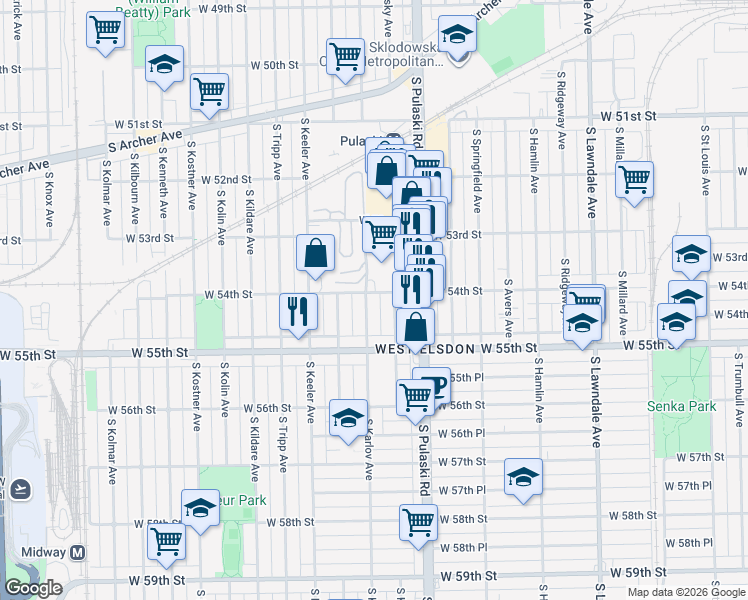 map of restaurants, bars, coffee shops, grocery stores, and more near 5414 South Karlov Avenue in Chicago