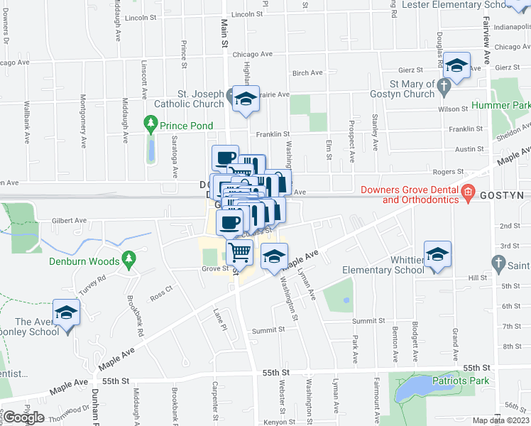 map of restaurants, bars, coffee shops, grocery stores, and more near 920 Curtiss Street in Downers Grove