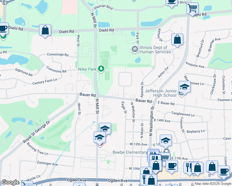 map of restaurants, bars, coffee shops, grocery stores, and more near 285 West Bauer Road in Naperville