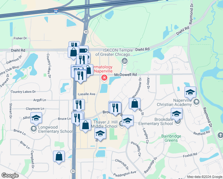 map of restaurants, bars, coffee shops, grocery stores, and more near Spice Run Dr in Naperville