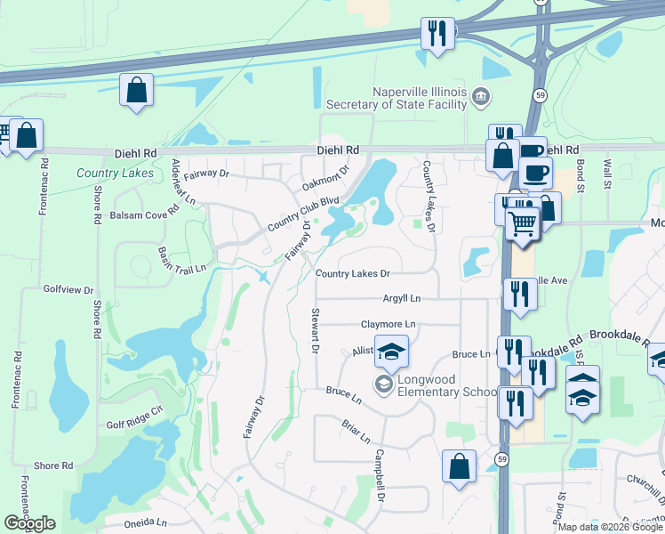 map of restaurants, bars, coffee shops, grocery stores, and more near 30W331 Country Lakes Drive in Naperville