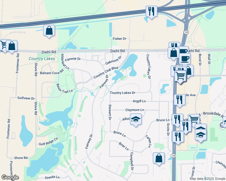 map of restaurants, bars, coffee shops, grocery stores, and more near 5S210 Stewart Drive in Naperville