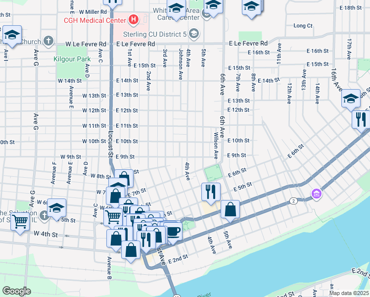 map of restaurants, bars, coffee shops, grocery stores, and more near 901 4th Avenue in Sterling