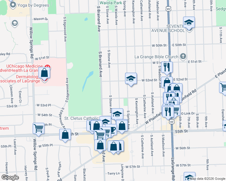 map of restaurants, bars, coffee shops, grocery stores, and more near 1034 South Stone Avenue in La Grange