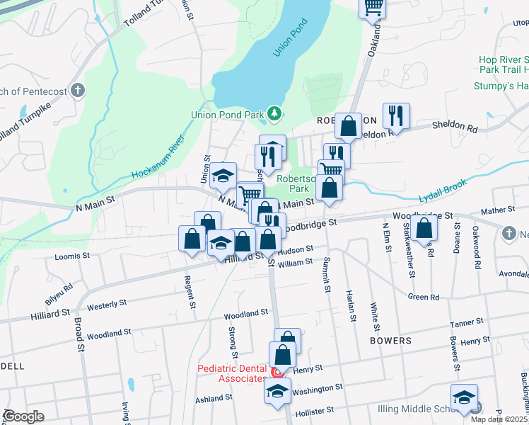 map of restaurants, bars, coffee shops, grocery stores, and more near 155 Main Street in Manchester