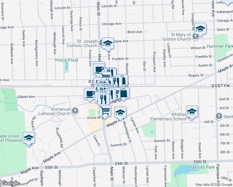 map of restaurants, bars, coffee shops, grocery stores, and more near 920 Curtiss Street in Downers Grove