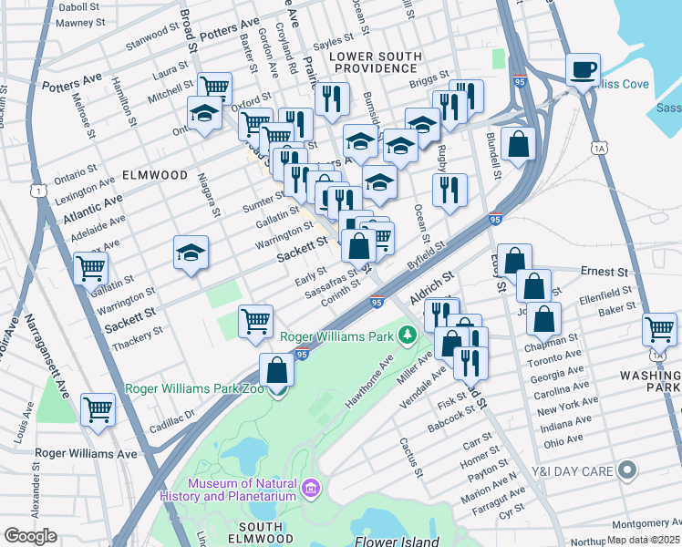 map of restaurants, bars, coffee shops, grocery stores, and more near 34 Sassafras Street in Providence