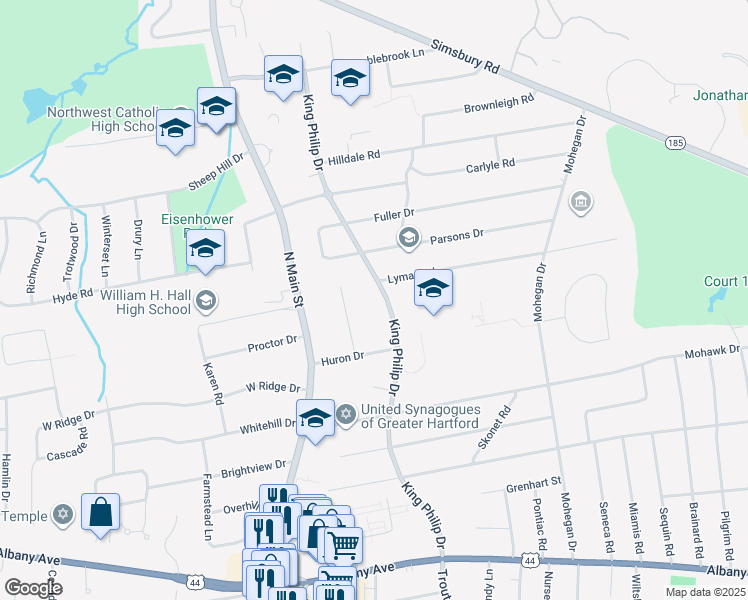 map of restaurants, bars, coffee shops, grocery stores, and more near 125 King Philip Drive in West Hartford