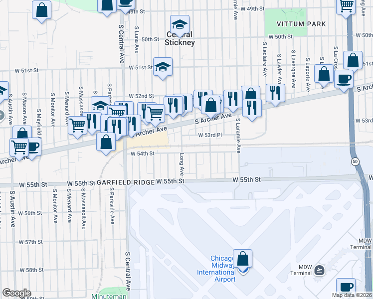 map of restaurants, bars, coffee shops, grocery stores, and more near 5400 Long Avenue in Chicago