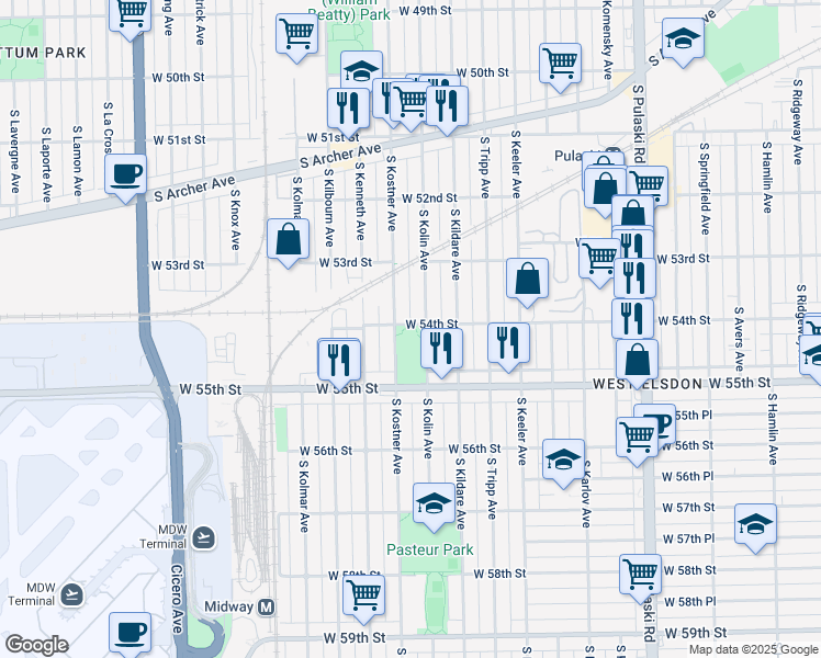 map of restaurants, bars, coffee shops, grocery stores, and more near 4347 West 54th Street in Chicago