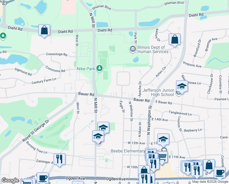map of restaurants, bars, coffee shops, grocery stores, and more near 285 West Bauer Road in Naperville