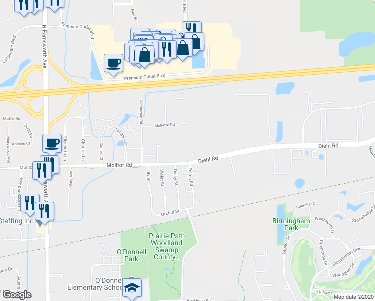 map of restaurants, bars, coffee shops, grocery stores, and more near 1740 Molitor Road in Aurora