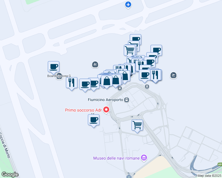 map of restaurants, bars, coffee shops, grocery stores, and more near 320 Via dell'Aeroporto di Fiumicino in Fiumicino