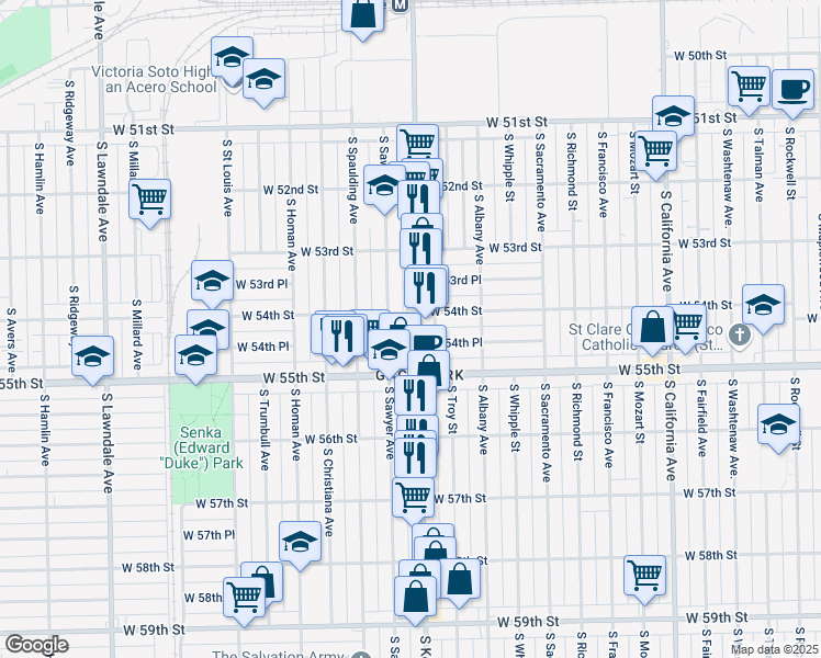 map of restaurants, bars, coffee shops, grocery stores, and more near 5409 South Kedzie Avenue in Chicago