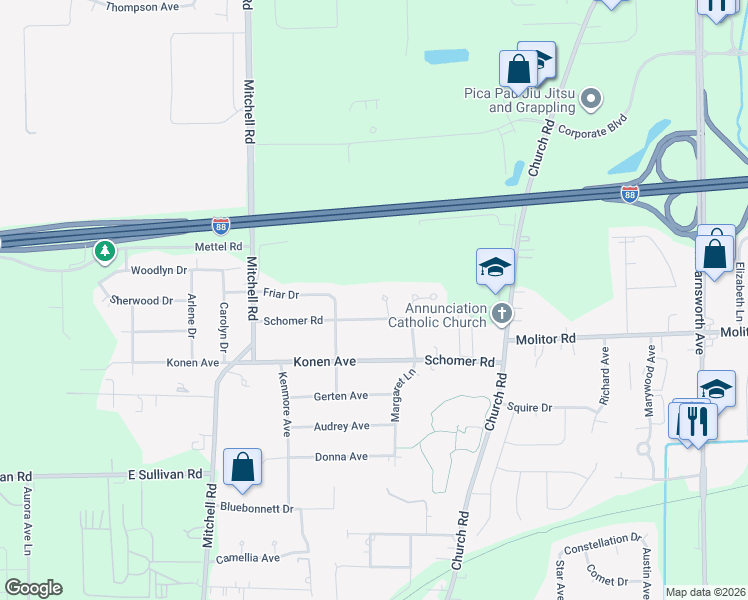 map of restaurants, bars, coffee shops, grocery stores, and more near 1902 Schomer Court in Aurora