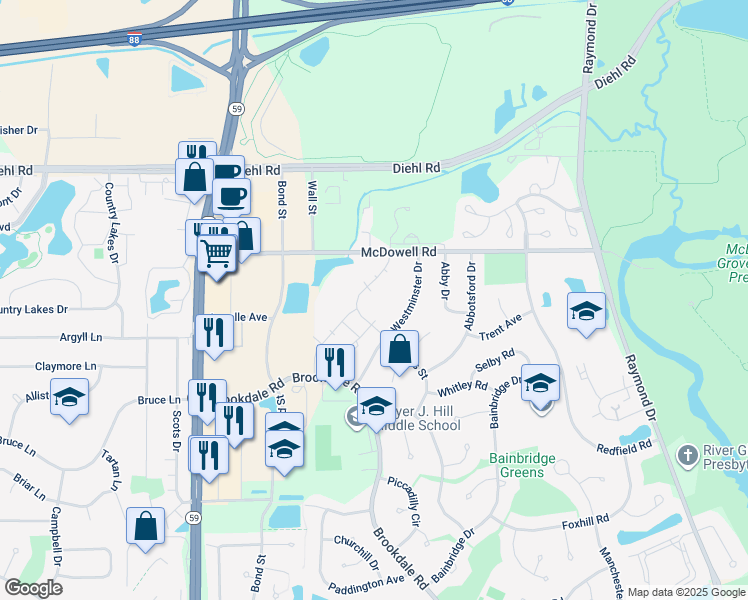 map of restaurants, bars, coffee shops, grocery stores, and more near 1607 Westminster Drive in Naperville