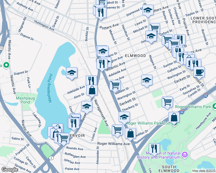 map of restaurants, bars, coffee shops, grocery stores, and more near 635 Elmwood Avenue in Providence