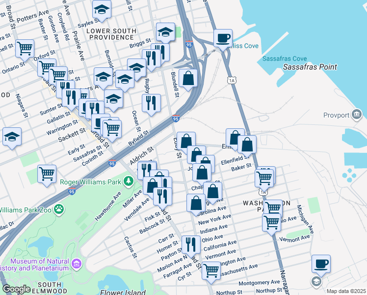 map of restaurants, bars, coffee shops, grocery stores, and more near 1151 Eddy Street in Providence