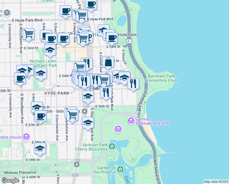 map of restaurants, bars, coffee shops, grocery stores, and more near 5509 South Hyde Park Boulevard in Chicago