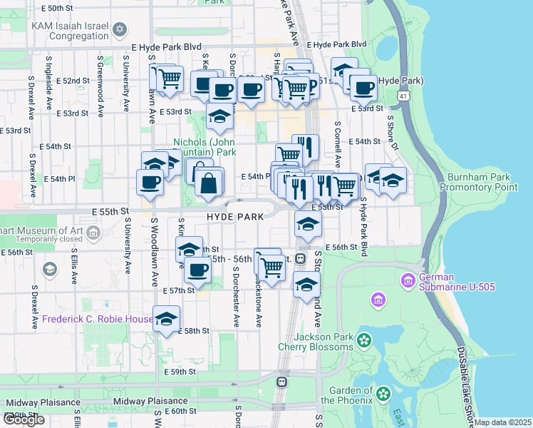map of restaurants, bars, coffee shops, grocery stores, and more near 1454 East Park Place in Chicago