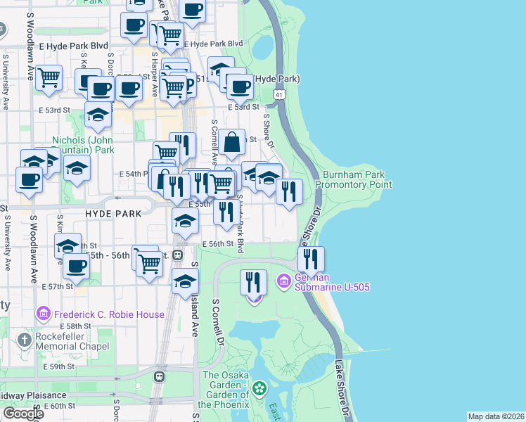 map of restaurants, bars, coffee shops, grocery stores, and more near 5508 South Everett Avenue in Chicago