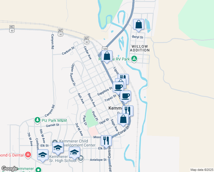 map of restaurants, bars, coffee shops, grocery stores, and more near 709 Cedar Avenue in Kemmerer