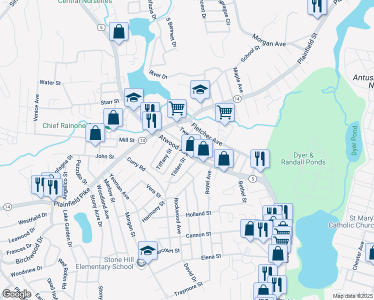 map of restaurants, bars, coffee shops, grocery stores, and more near 73 Clemence Street in Cranston