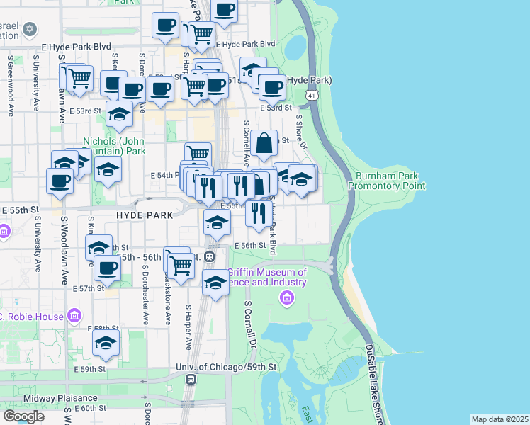 map of restaurants, bars, coffee shops, grocery stores, and more near 5521 South Cornell Avenue in Chicago