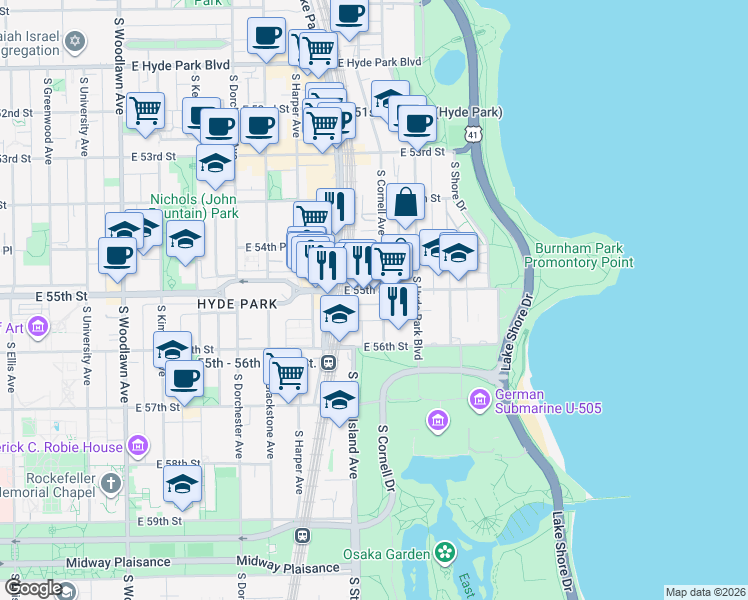 map of restaurants, bars, coffee shops, grocery stores, and more near 5514 South Cornell Avenue in Chicago