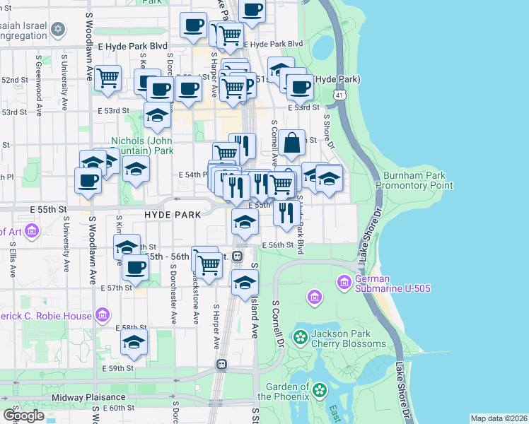 map of restaurants, bars, coffee shops, grocery stores, and more near 5514 South Cornell Avenue in Chicago