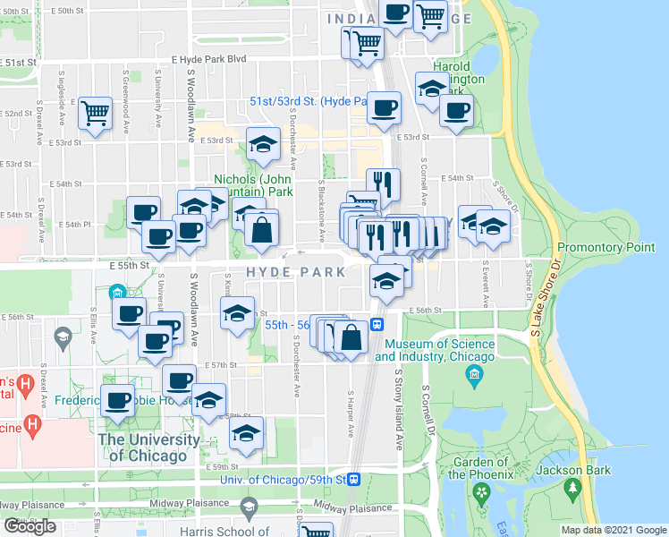map of restaurants, bars, coffee shops, grocery stores, and more near 1454 East Park Place in Chicago