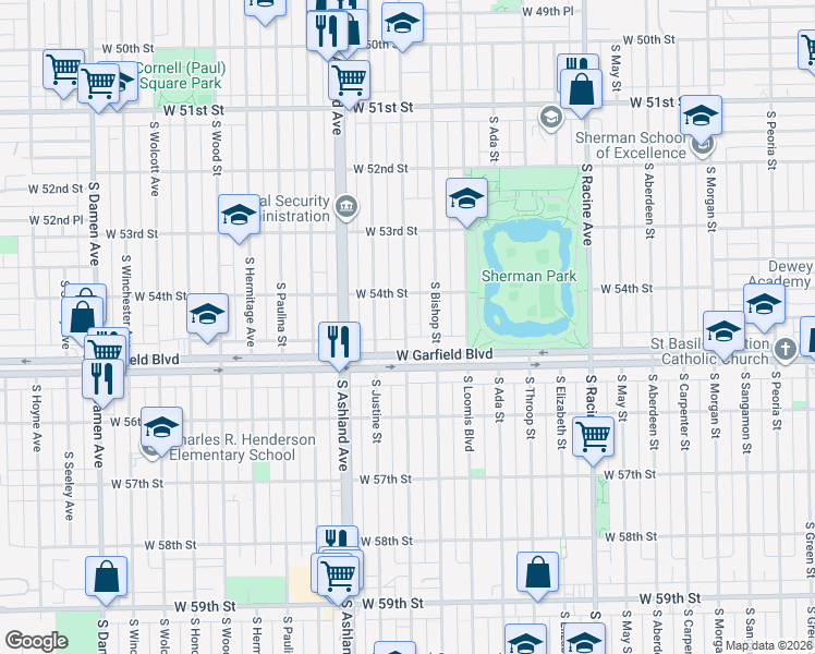 map of restaurants, bars, coffee shops, grocery stores, and more near 1444 West Garfield Boulevard in Chicago