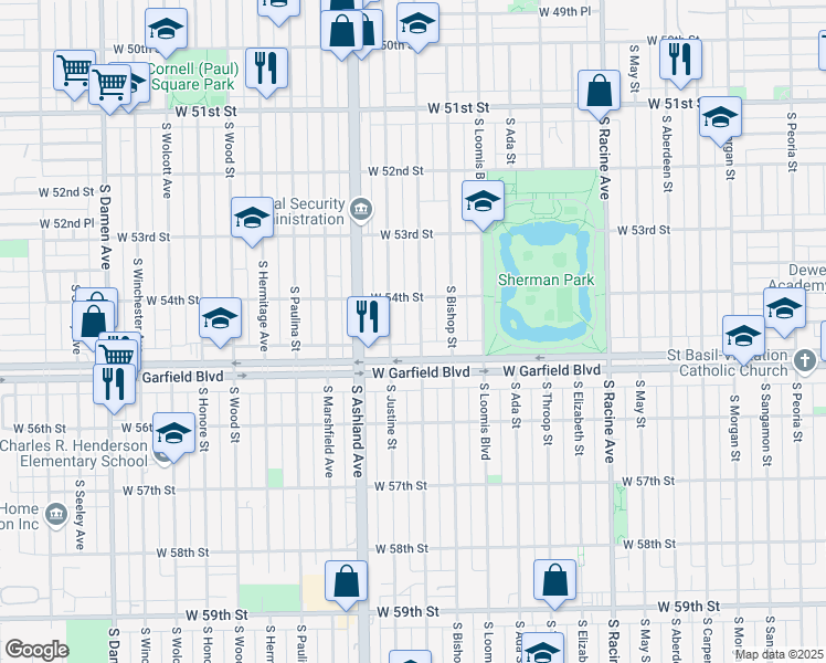 map of restaurants, bars, coffee shops, grocery stores, and more near 5445 South Justine Street in Chicago
