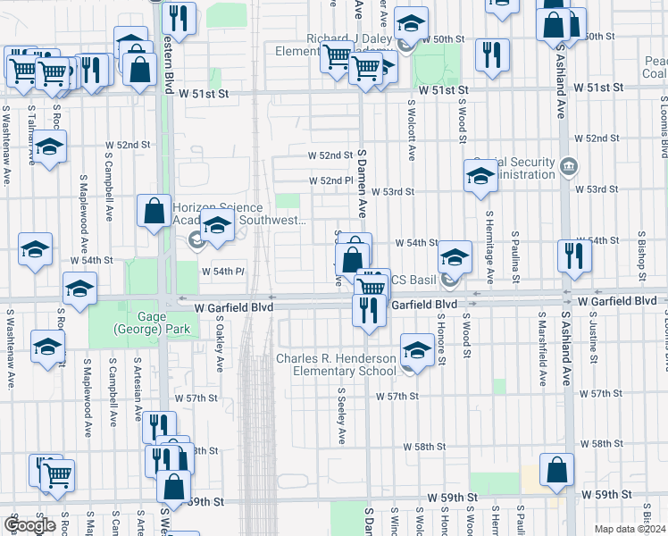 map of restaurants, bars, coffee shops, grocery stores, and more near 5439 South Hoyne Avenue in Chicago