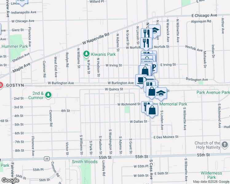 map of restaurants, bars, coffee shops, grocery stores, and more near 16 South Adams Street in Westmont