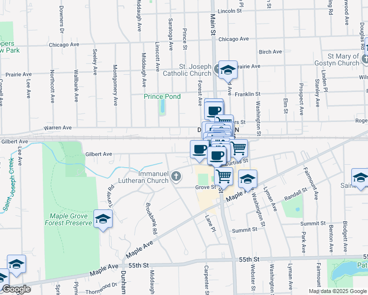map of restaurants, bars, coffee shops, grocery stores, and more near 1139 Gilbert Avenue in Downers Grove