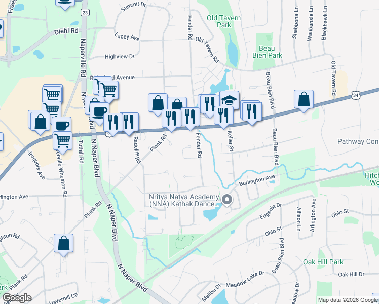 map of restaurants, bars, coffee shops, grocery stores, and more near 3016 Tangley Oaks Trail in Lisle