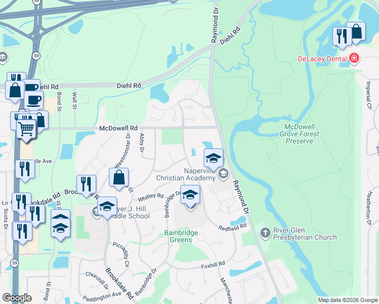 map of restaurants, bars, coffee shops, grocery stores, and more near 1551 Raymond Drive in Naperville
